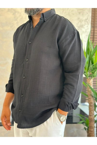 ECARTS Men's Oversize Cut Linen Shirt Black Eca007
