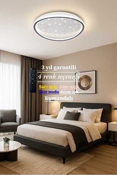 Lucent Avize Lucent Modern Plafonyer Tavana Sıfır 3renk Gece Işık Modu, Kumandalı, Salon Mutfak Hol Led Avize