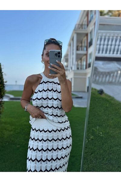 caddstore Sv 024325 Black Zigzag Skirted Knitwear Set