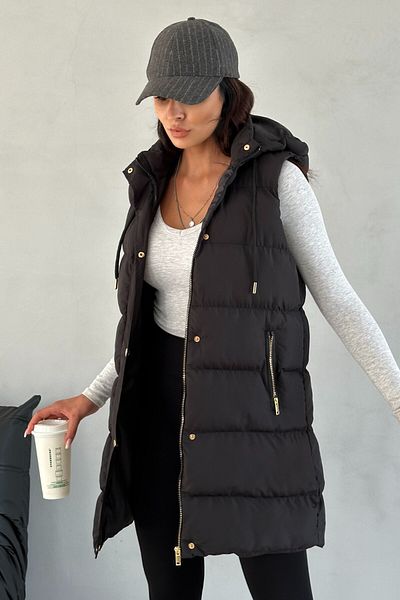 moda armanc Women's Black Long Puffer Vest - Hooded and Pockets