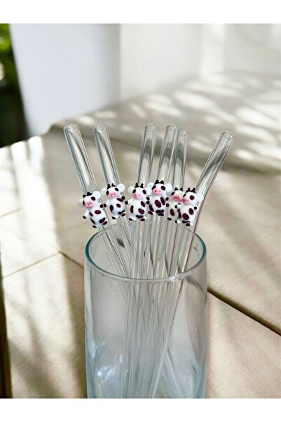 nazarboncuğu Glass Straw Set of 6 Transparent Straw Glass Straw Set with Cow Figure