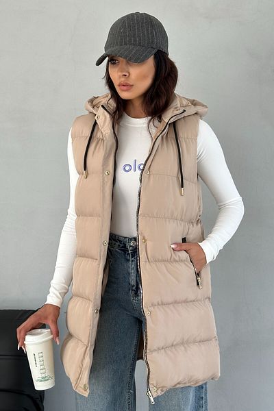 moda armanc Beige Long Puffer Vest - Hooded and Gold Detailed