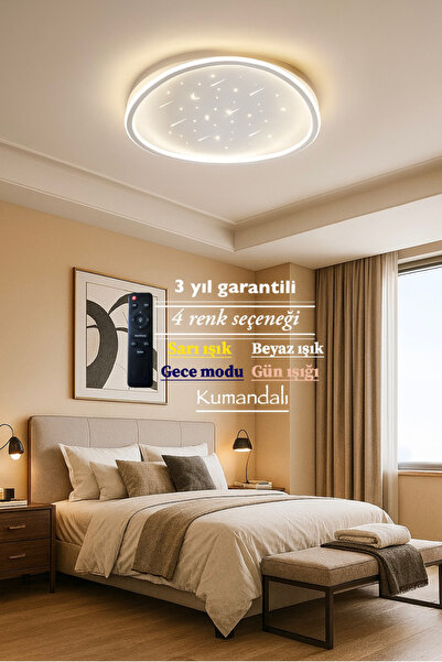 Lucent Avize Lucent Modern Plafonyer Tavana Sıfır 3renk Gece Işık Modu, Kumandalı, Salon Mutfak Hol Led Avize