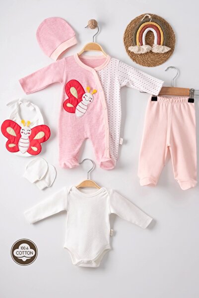 CNDR طقم رومبير بناتي مطرز على شكل فراشة من 3 أشهر مكون من 5 قطع باللون الوردي