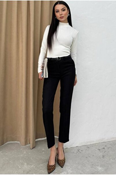 Siyah Kadın Siyah Asorti Kemerli Atlas Dabıl Kumaş Havuç Pantolon 90 Cm