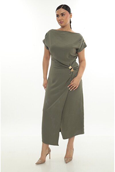 Budvaa Şık Kayık Yaka Drapeli Beli Tokalı Midi Elbise