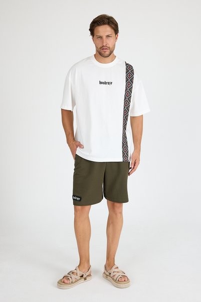 Hoodraze Men's White Front Wide Garnished T-Shirt Oversize