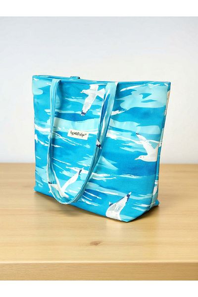 Ayza Stüdyo Seagull Patterned Zippered Blue Tote Beach Bag (40X33 cm)