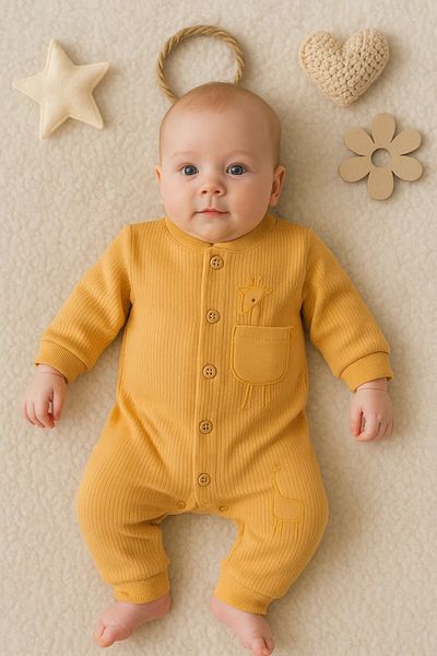 candar 3-12 Months Baby Boy Jumpsuit Giraffe Embroidered Mustard with Pockets