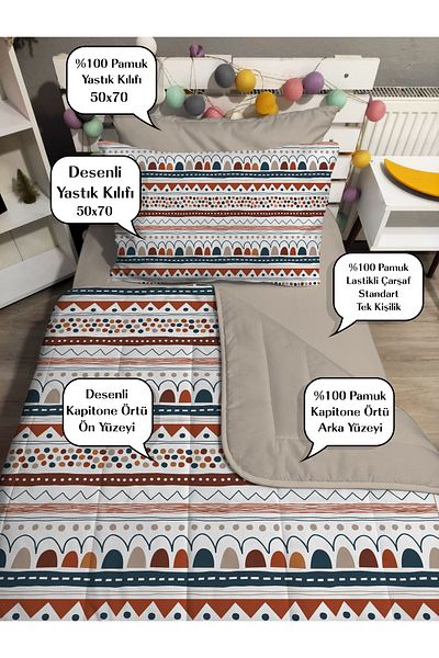 yok yok evim eve dair her şey Quilted Ethnic Patterned 4Piece(100% Cotton 120X200 with Fitted Sheet) Single Bedspread Set