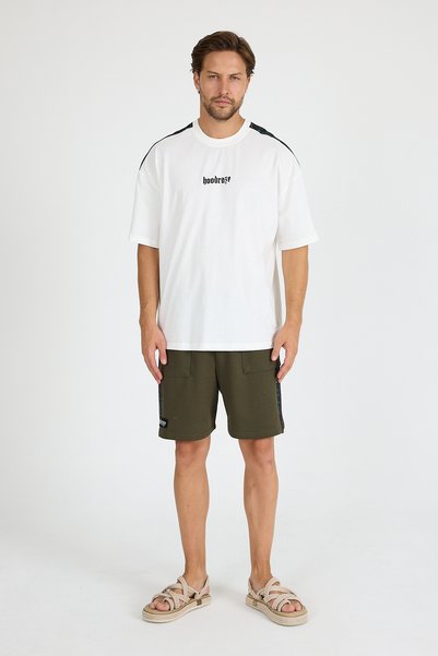 Hoodraze Men's White Shoulder Garnished T-Shirt Oversize