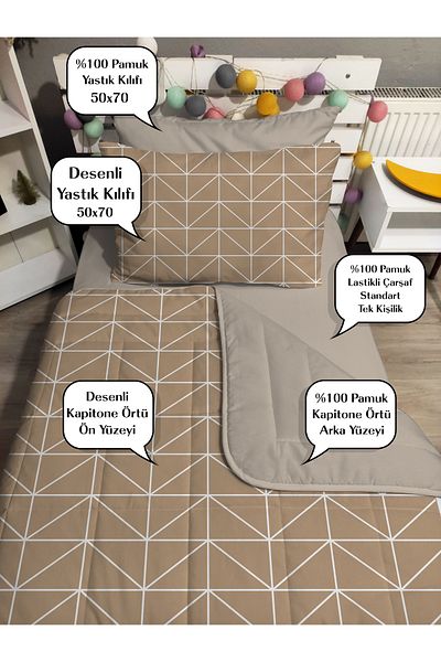 yok yok evim eve dair her şey Quilted Mink Geometric 4Piece(100% Cotton 120X200 Fitted Sheet) Single Bedspread Set