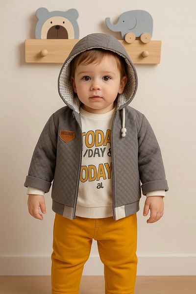 candar 3-18 Months Baby Boy Today Printed Raincoat 3-Piece Set Gray