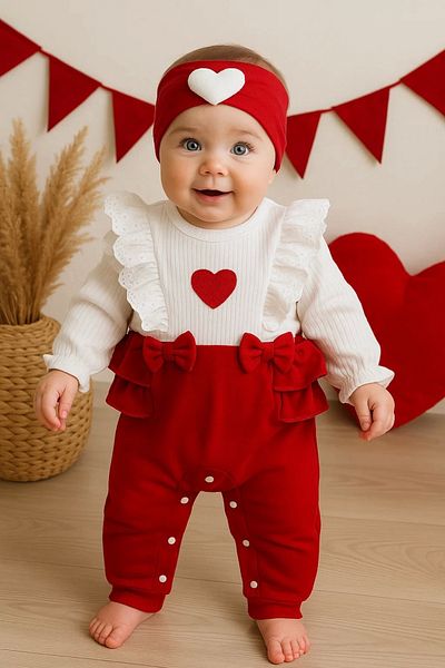 candar Heart Patterned Ruffle Detailed 100% Cotton Baby Girl Romper