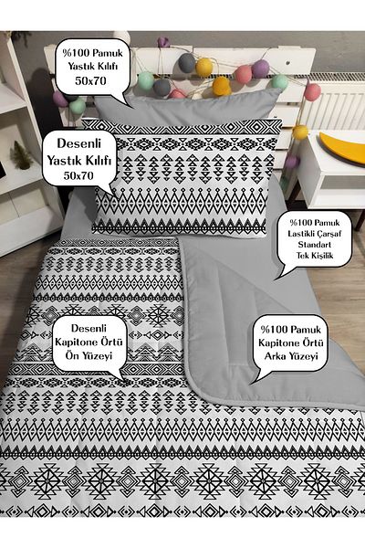 yok yok evim eve dair her şey Quilted Black Ethnic 4Piece(100% Cotton 120X200 Fitted Sheet) Single Bedspread Set