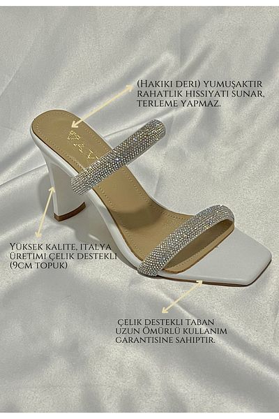 VAVİ STORE Women's Two Rows Thick Luxury Stone White Skin Leather Heeled Evening Dress Shoes