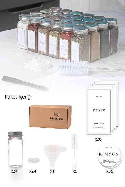 Mienda Home 24'lü Cam Baharatlık Seti Beyaz Etiketli Baharatlık Takımı Fırça ...