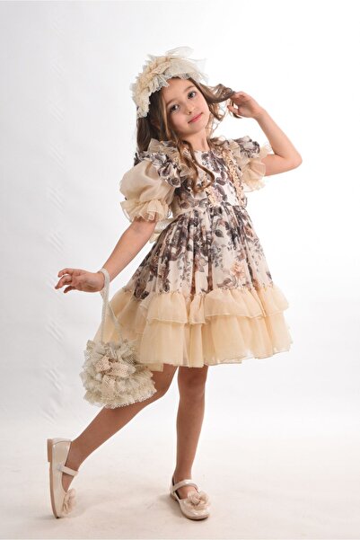 MIALORA EXCLUSİVE By Emel Ebru Özdemir Kız Çocuk Abiye Elbise, Çanta Ve Taç Aksesuarlı, Fırfır Detaylı Kız Çocuk Elbise