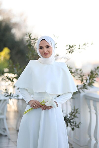 DİSE Kadın Beyaz Pelerin Detaylı Pelerinli Belle Tesettür Abiye