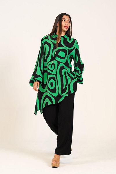 Keyifli Moda Markano Green Black Patterned Balloon Sleeve Tassel Lace up Pocket Tunic Trousers Double Suit