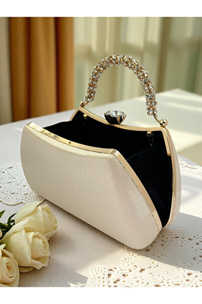 Biçanta Special Design Skin Color Gold Detailed Silvery Satin Handle Women's Evening Dress Bag Wedding Engagement Prom