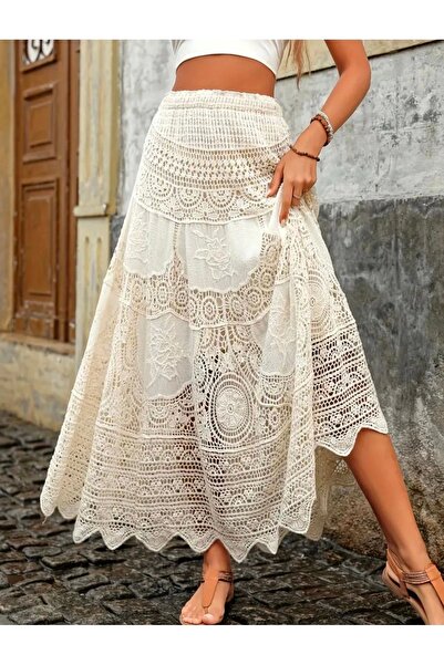 VibeGaia Fusta lungă maxi ecru italiană brodata din dantelă în stil boem vintage cu talie înaltă
