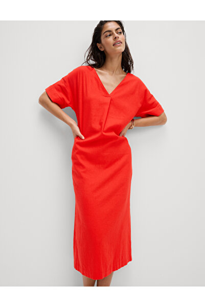 Marks & Spencer Keten Karışımlı V Yaka Midi Elbise