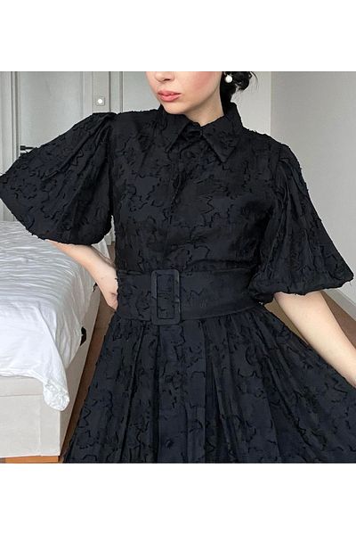 Afiş Butik Black Belted Balloon Sleeve Floral Patterned Midi Dress