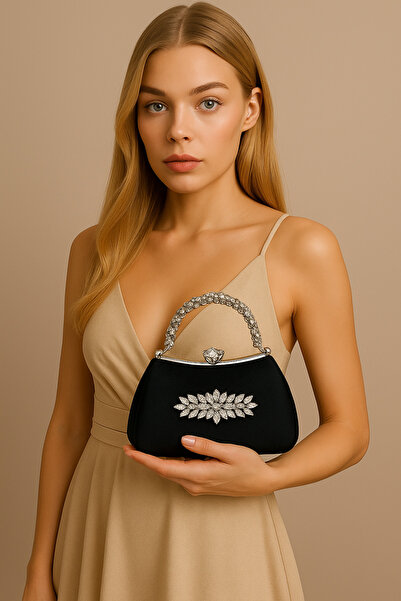 MidStore تصميم خاص أسود اللون ساتان فضي كريستال حجر حقيبة فستان سهرة نسائية ب...