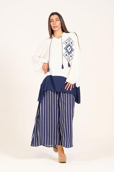 Keyifli Moda Markano Navy Blue Patterned Tasseled Trousers Striped Pocket Tunic Trousers Double Suit