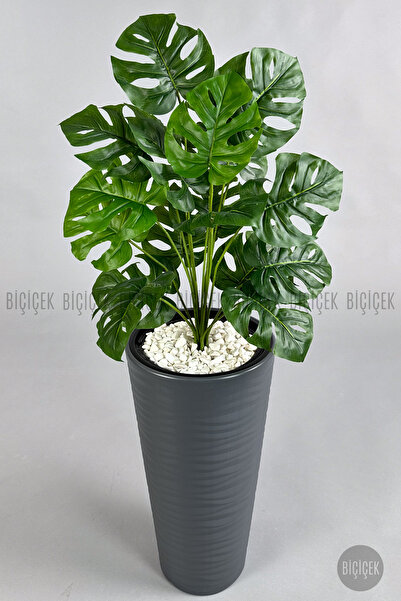 BİÇİÇEK Yapay Çiçek Salon Bitkisi Monstera Deve Tabanı Antrasit Renk Kumsal Saksıda