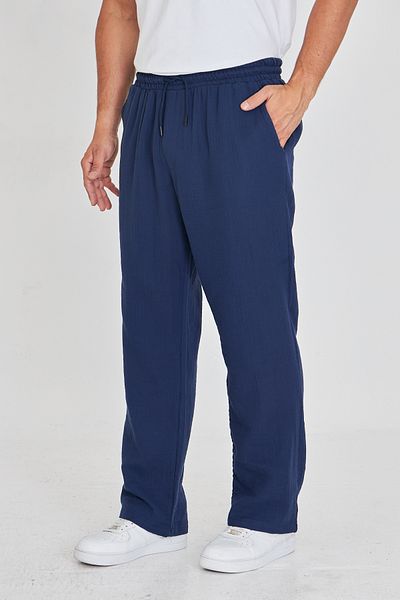 masso moda Men's Baggy Muslin Linen Waist Lace-Up Elastic Straight Leg Trousers