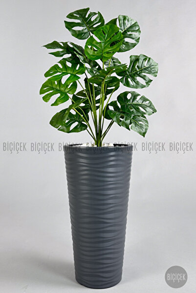 BİÇİÇEK Yapay Çiçek Salon Bitkisi Monstera Deve Tabanı Antrasit Renk Kumsal Saksıda
