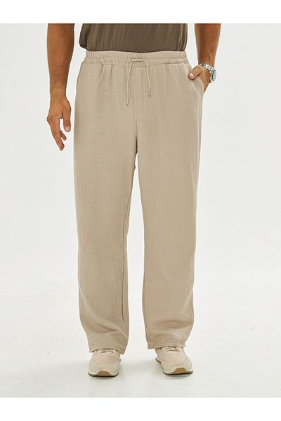 masso moda Men's Baggy Muslin Linen Waist Lace-Up Elastic Straight Leg Trousers