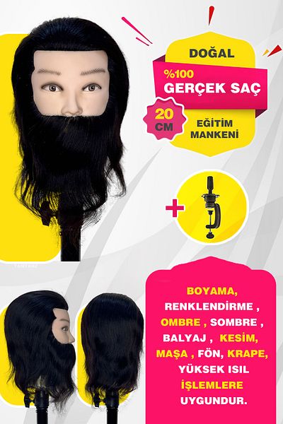 TAM TARZ 100% Real Hair Hairdresser Training Mannequin + Table Apparatus / Male Natural Bearded / 20 cm