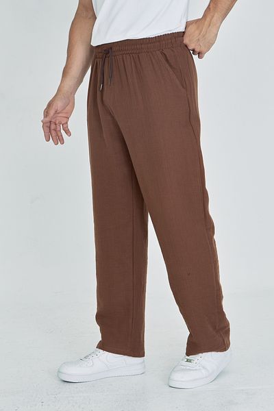 masso moda Men's Baggy Muslin Linen Waist Lace-Up Elastic Straight Leg Trousers