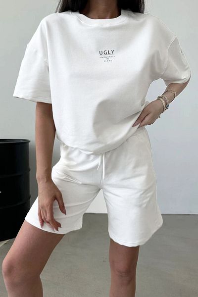 CLAYES Ugly εμπριμέ λευκό σορτς T-shirt Team Oversize T-shirt με λαιμόκοψη ομάδα Unisex