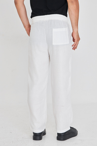 masso moda Erkek Baggy Müslin Keten Bel Bağcıklı Lastikli Düz Paça Pantolon