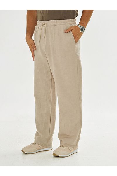 masso moda Men's Baggy Muslin Linen Waist Lace-Up Elastic Straight Leg Trousers