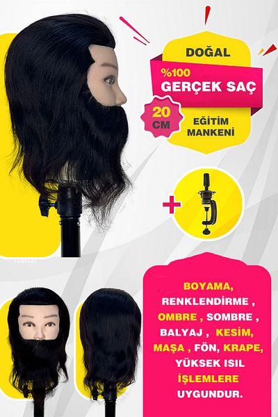 TAM TARZ 100% Real Hair Hairdresser Training Mannequin + Table Apparatus / Male Natural Bearded / 20 cm