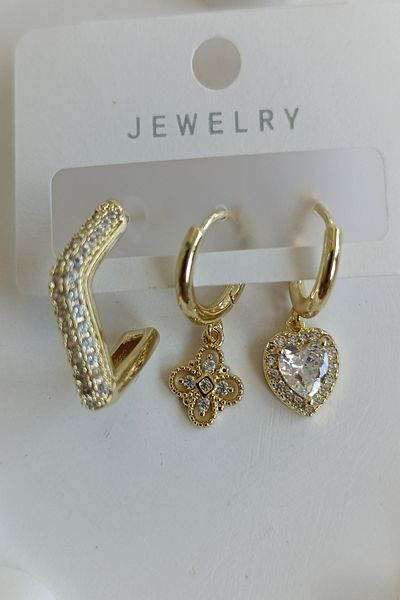Birmem Women's Zircon Stone Heart and Clover Figured Triple Combination Earring Set