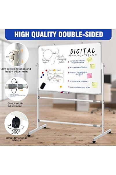 MAAS Whiteboard 90x60cm With Stand, Double Sided Magnetic Whiteboard On Wheels