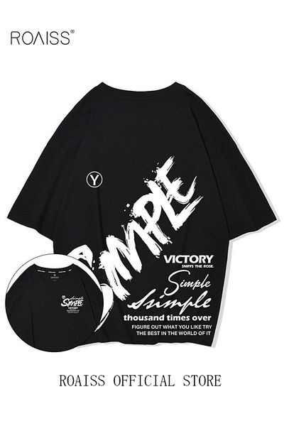 ROAISS Men Oversized T Shirt Letter Streetwear Tshirts Man Fashion Casual Loose Cotton Hip Hop Y2K T-shirt