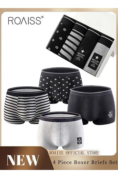 ROAISS Set of 4 Men's 95% Cotton Boxer Shorts Breathable Soft Underwear