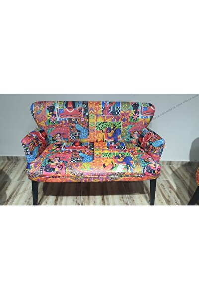 Azra Aksesuar Ikili Koltuk - Kanepe - Nubuk Kumaş - Ahşap Ayak - Modern Tasarım - Kedili Kız