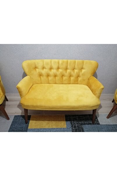 Azra Aksesuar Ikili Koltuk - Kanepe - Babyface Kumaş - Ahşap Ayak - Sarı