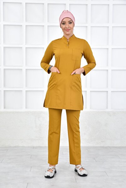 Onur Forma Yarım Hakim Yaka Kadın Tesettür Takım - Hardal