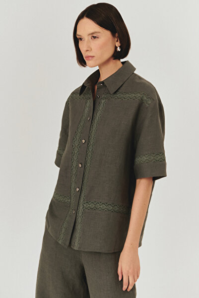 Exquise Lace Detailed Comfortable Fit Pure Linen Short Sleeve Gray Shirt