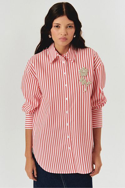 Exquise Oversize Striped Poplin Shirt with Stone Embroidery Detail