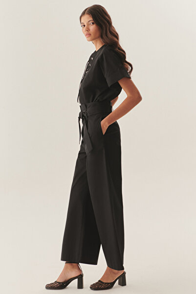 Exquise Yüksek Bel Kuşaklı Bol Kesim Pamuklu Siyah Pantolon